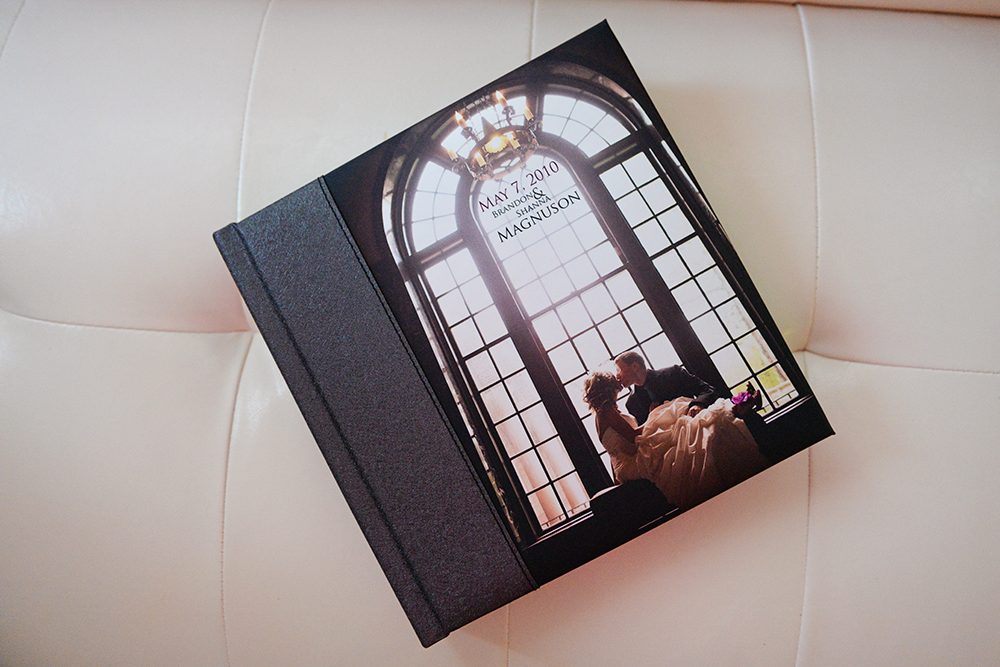 Metallic photo cover with graphite fabric and black stitching. 