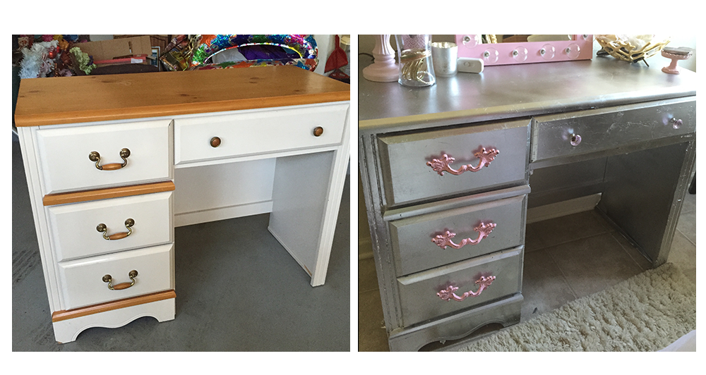 Before and After- Silver leafing my salon makeup desk
