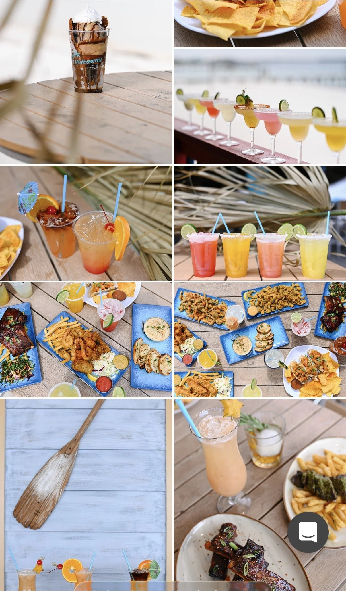 A collage of images featuring beachside food and drinks, including cocktails, appetizers, and desserts on tables and plates.
