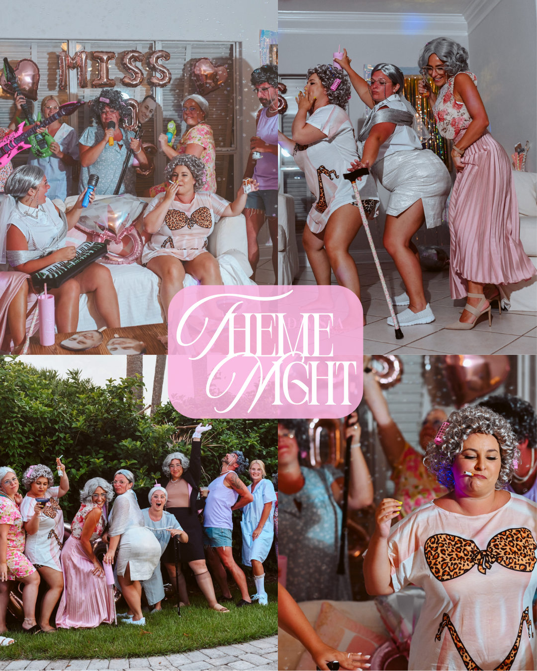 Collage of women celebrating a hen night in various scenes, including indoor and outdoor settings, with decorations, party accessories, and playful activities.