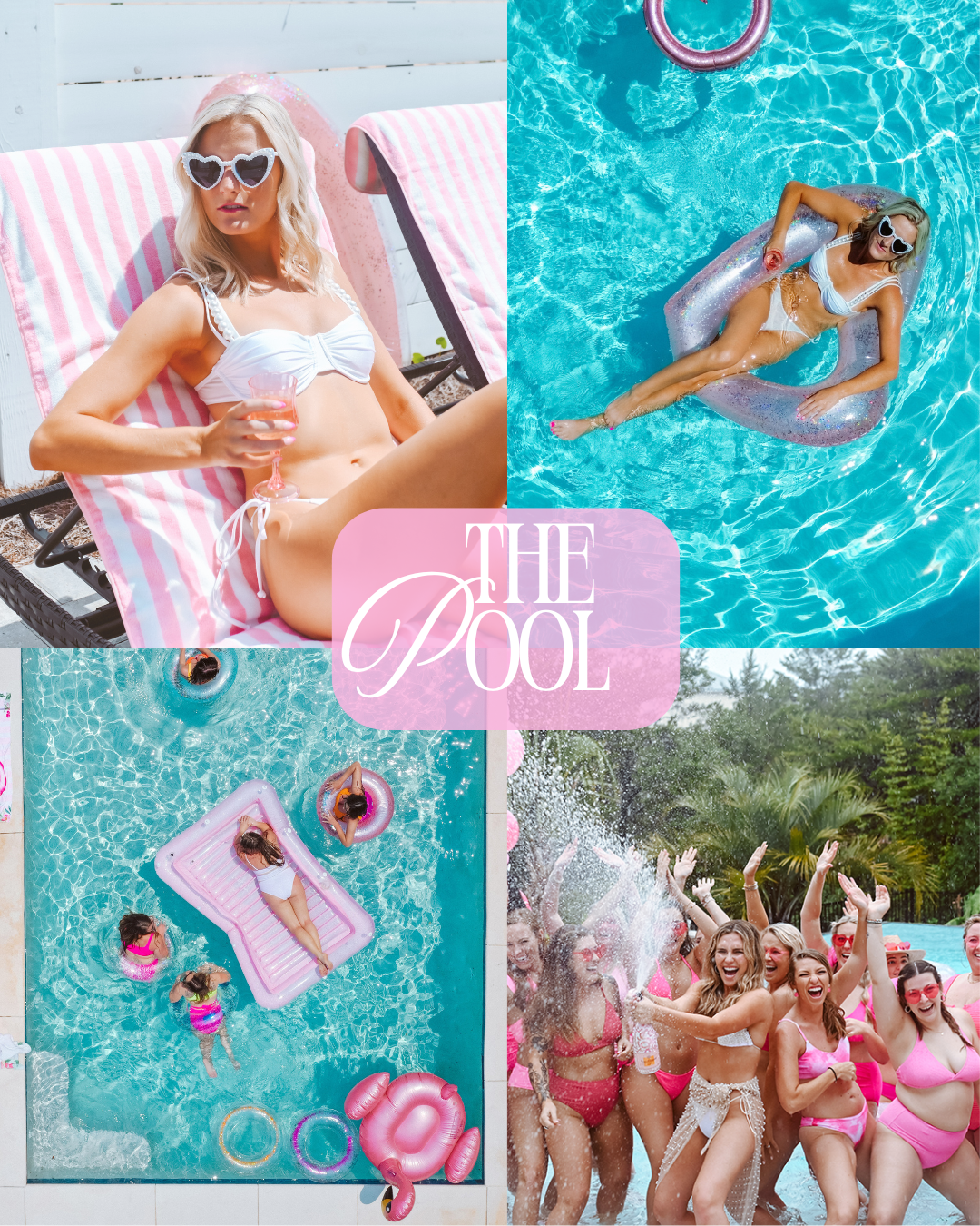 A collage of four summer pool activities: a woman relaxing on a pink striped lounge chair with sunglasses and a drink, a woman floating on her back with sunglasses in a pool, children playing on a pink pool float and with inflatables, and a group of women in pink swimsuits celebrating by the poolside.