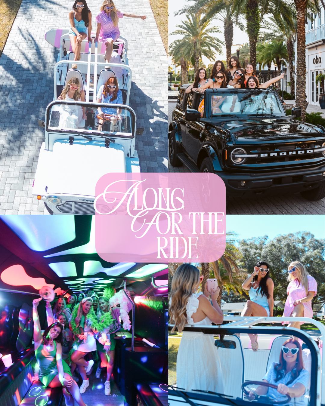Collage of women enjoying a golf cart ride, taking photos, dancing, and having fun in a lively outdoor and indoor setting.