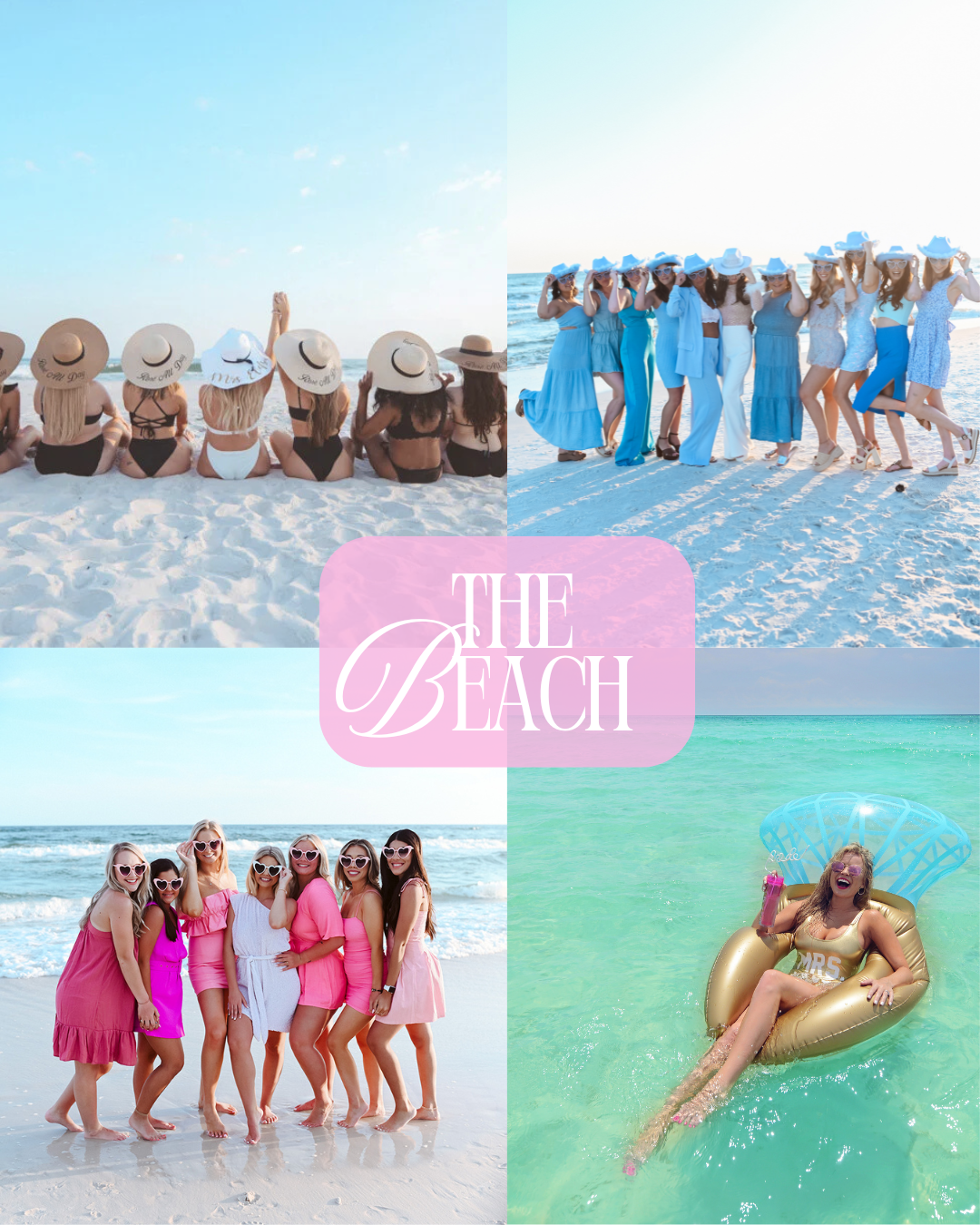 Group of women enjoying a day at the beach in various poses, wearing summer dresses and swimsuits, with some using accessories like hats and sunglasses, and one woman relaxing on an inflatable float in the water. The collage has a pink banner with the text "The Beach" in the center.