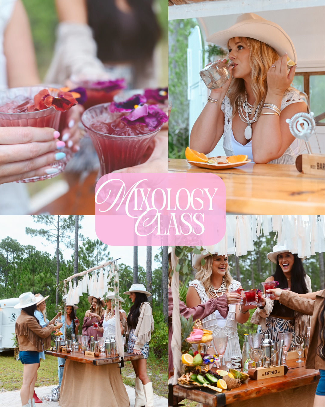 Women celebrating at a margarita and taco bar with a 'Mixology Class' banner, outdoor setting, and festive decorations.