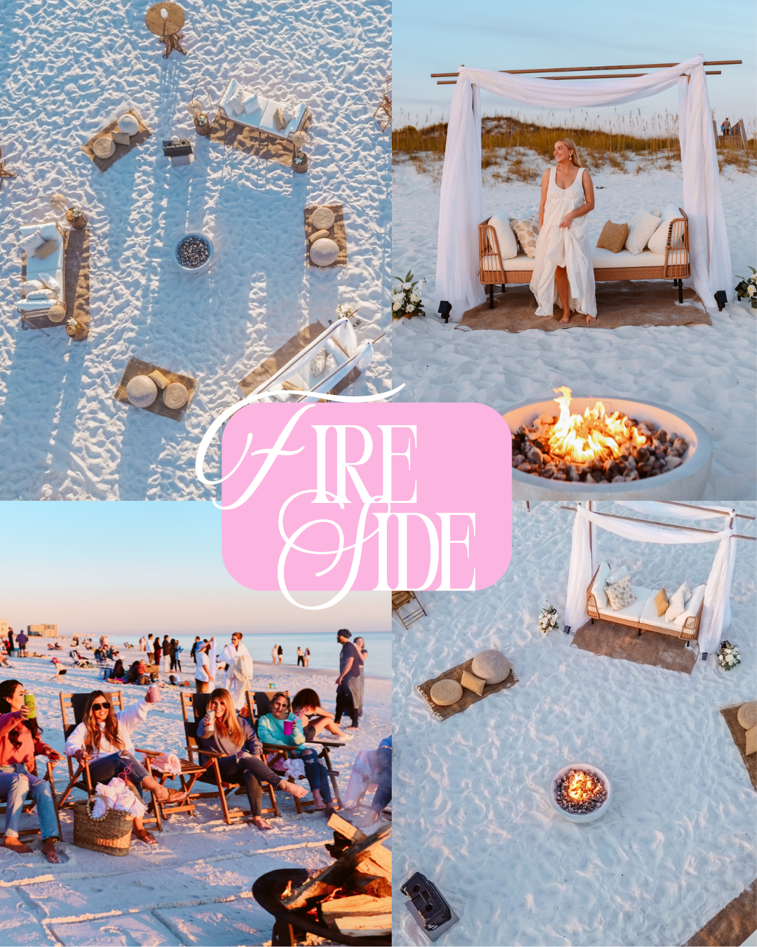 Beach wedding setup with seating arrangements, a woman in a white dress, a fire pit, and a group of people enjoying a beach gathering.