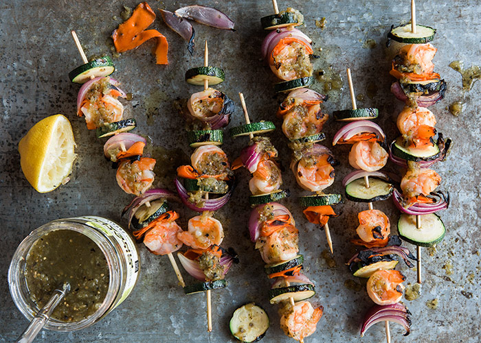 Yummy shrimp skewers from Mantry's grilling manual. 