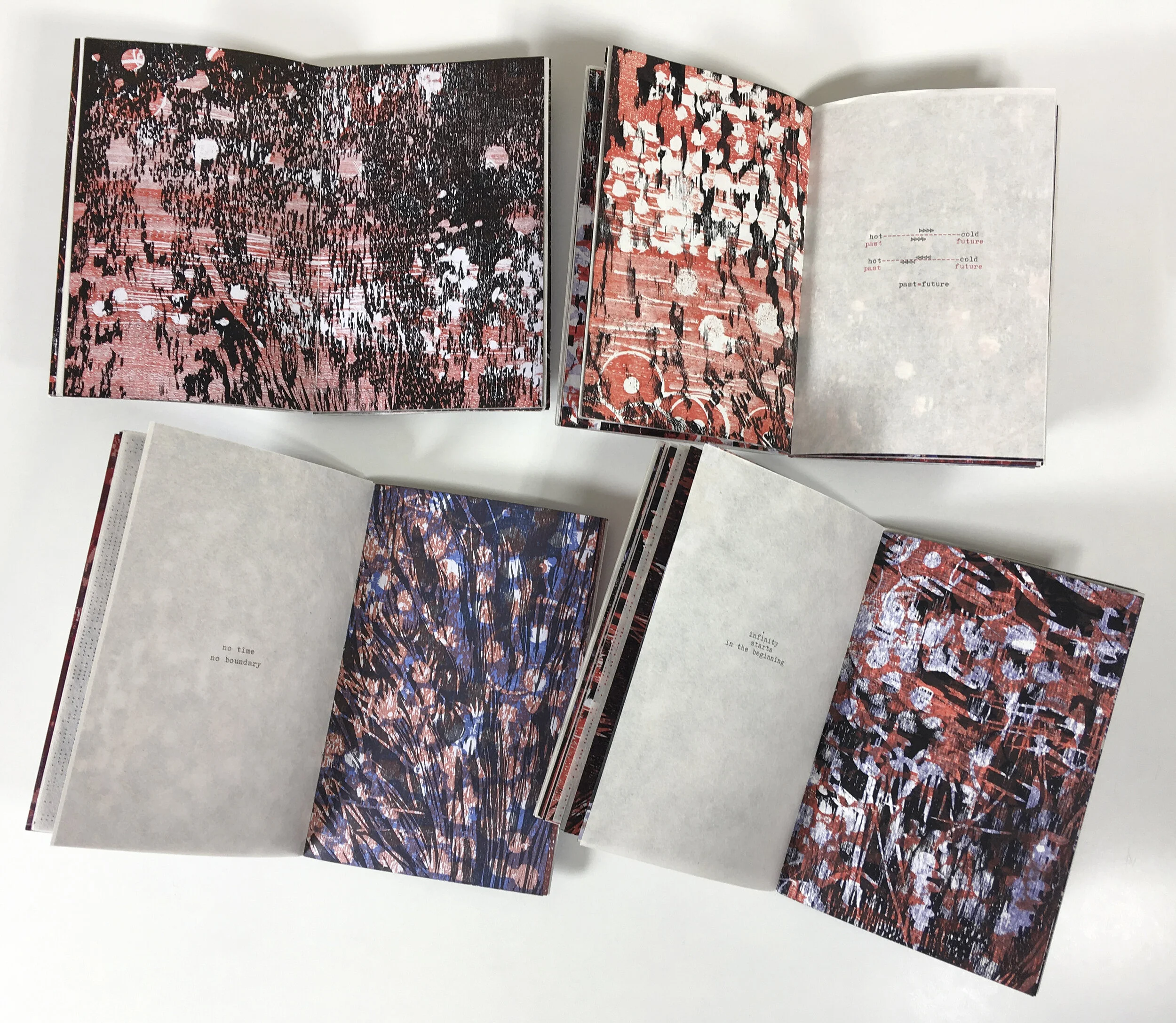    Universum  . Color woodblock prints and typed text on Mulberry Japanese paper. Text was typed with Sears typewriter with black and red ribbon. 11x8 1/2 in. spread, 84 pages, edition of 5, 2020-21 