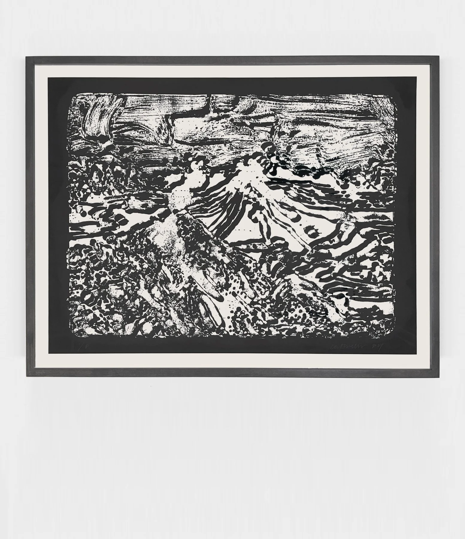  Resist print. Stone lithograph drawing digitized for screenprint. Screenprint of drawing source with vaseline onto Fabriano paper washed with black Sumi ink. 21 1/4 x 30 inches. 