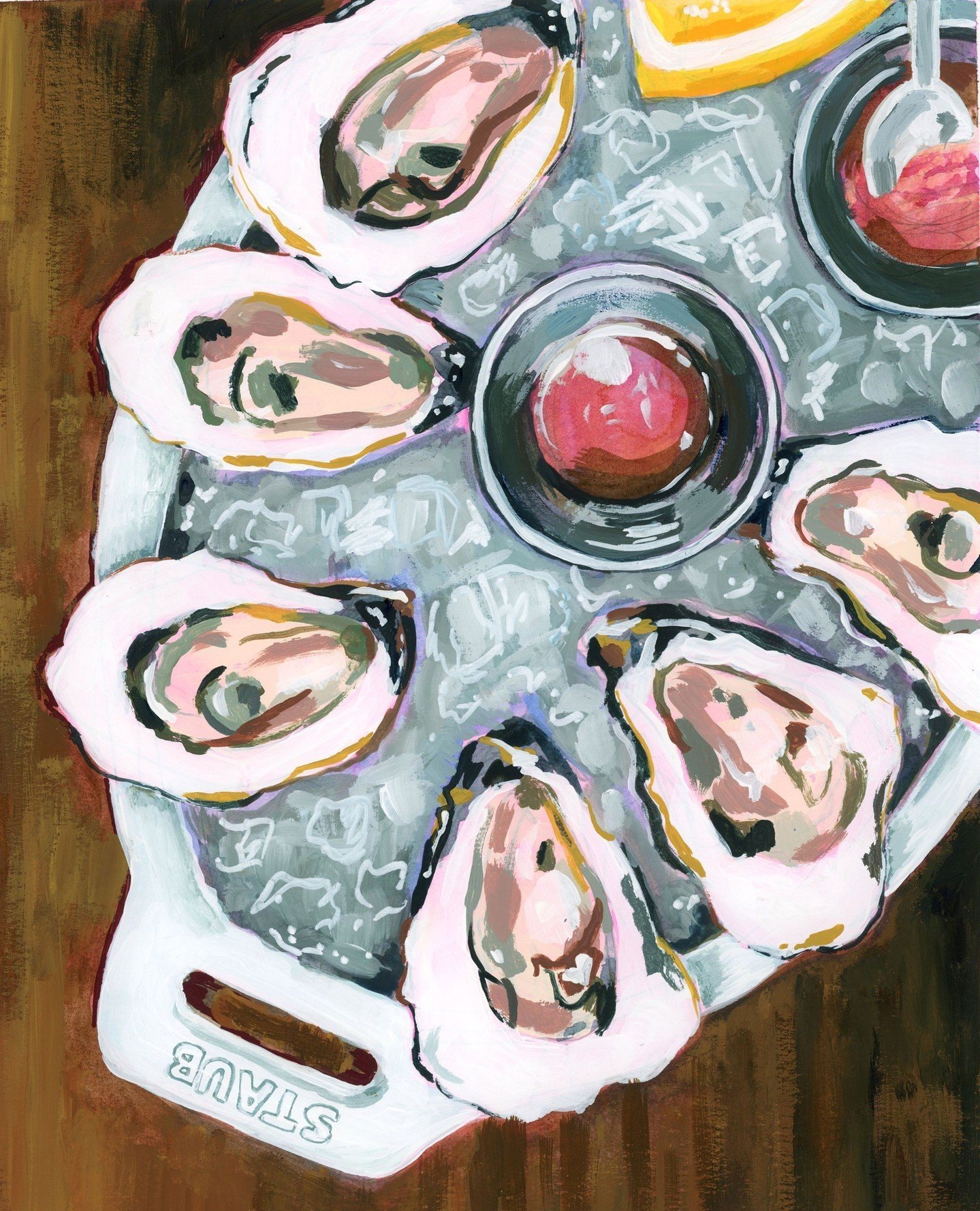 A favorite painting from last year. Nothing beats oysters on the half shell 🤗⁠
⁠
11 x 14 mixed media on paper⁠
🔴 *sold* through @artandlightgallery⁠
⁠
#operapink #watercolor #mixedmedia #workonpaper #foodillustration #foodpainting #farmersmarketpai