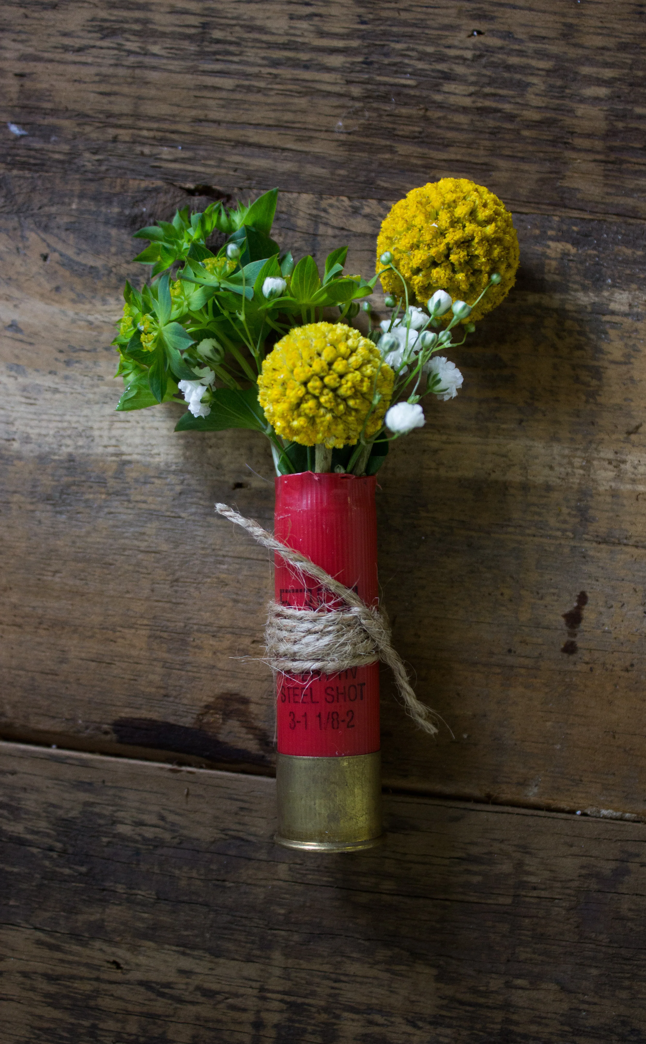 Grooms Boutonniere with Craspedia and Greens in a shotgun casing 