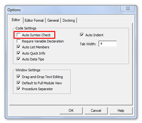 Turn Off Syntax/Compile Error Alerts in Visual Basic Editor