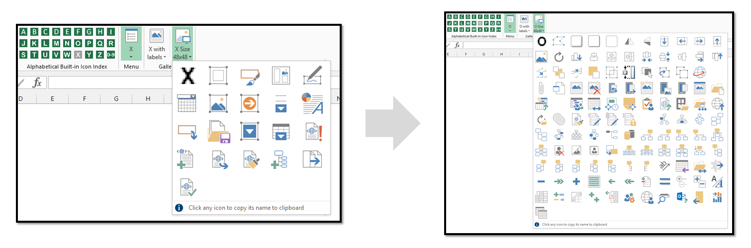With Ribbon Commander the add-ins can adapt to user selections. In this example only icons starting with the letter 'X' appear in the Ribbon, then when the user selects 'O', the Ribbon menus adjust to the selection! This is not possible with a normal Ribbon add-in