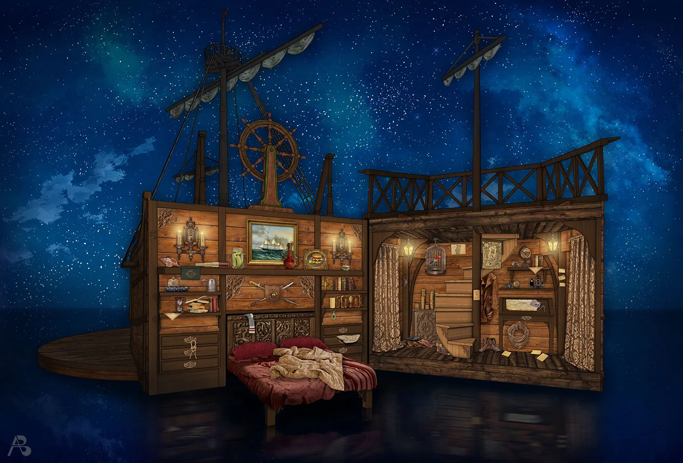 Interior bedroom scenic design rendering for Columbus: The Musical! (Harmony of the Seas).