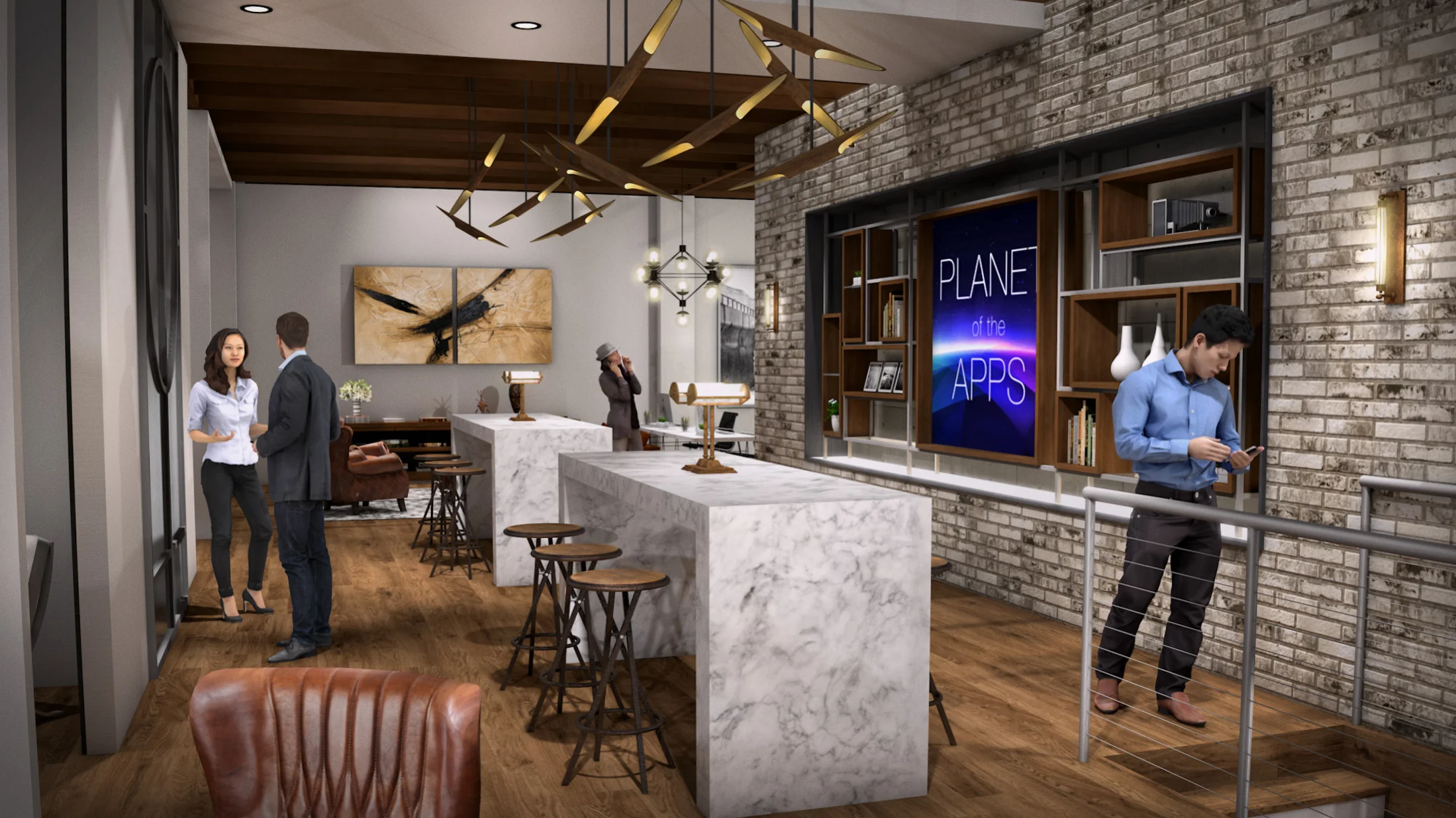 Production design concept illustration for the lounge set, part of Apple's Planet of the Apps TV show. Vectorworks rendering by Andy Broomell.