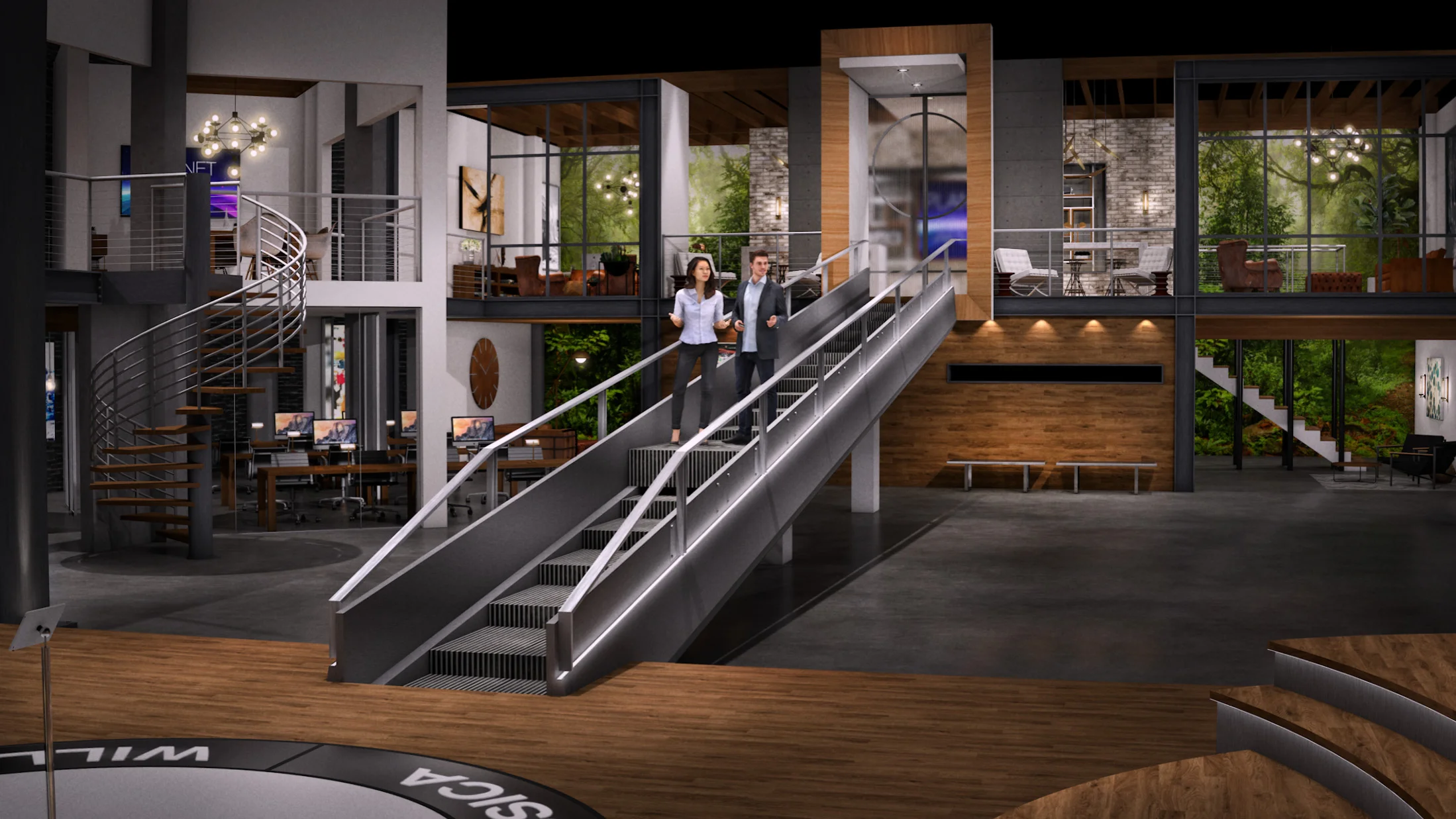 Production design concept illustration for the elevator and second floor lounge, part of Apple's Planet of the Apps TV show. Vectorworks rendering by Andy Broomell.