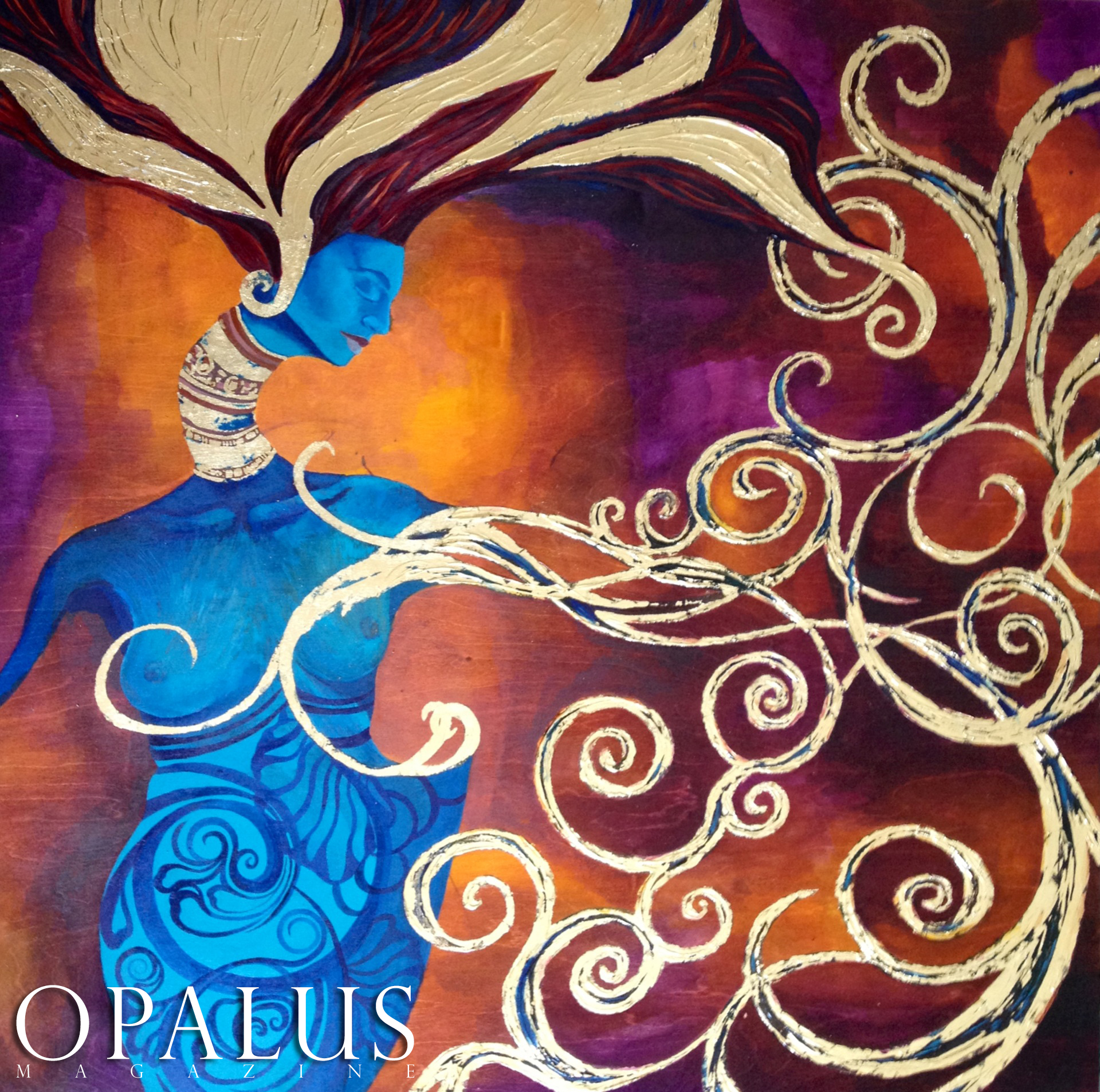 PAINTING BY EDITOR OF OPALUS MAGAZINE, MALORIE SHMYR INK, GOLD LEAF, AND RESIN ON BIRCH WOOD PANEL 4X4 FOOT