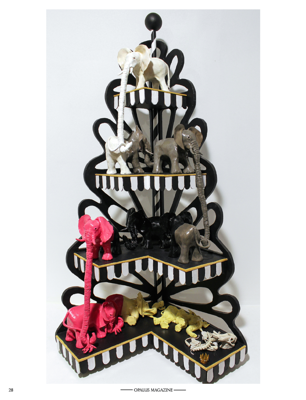 Title - The Decline of the elephant king (Sculpture) Size - 27” x 16” Medium - polymer clay, acrylic paint, wood, plastic diamonds