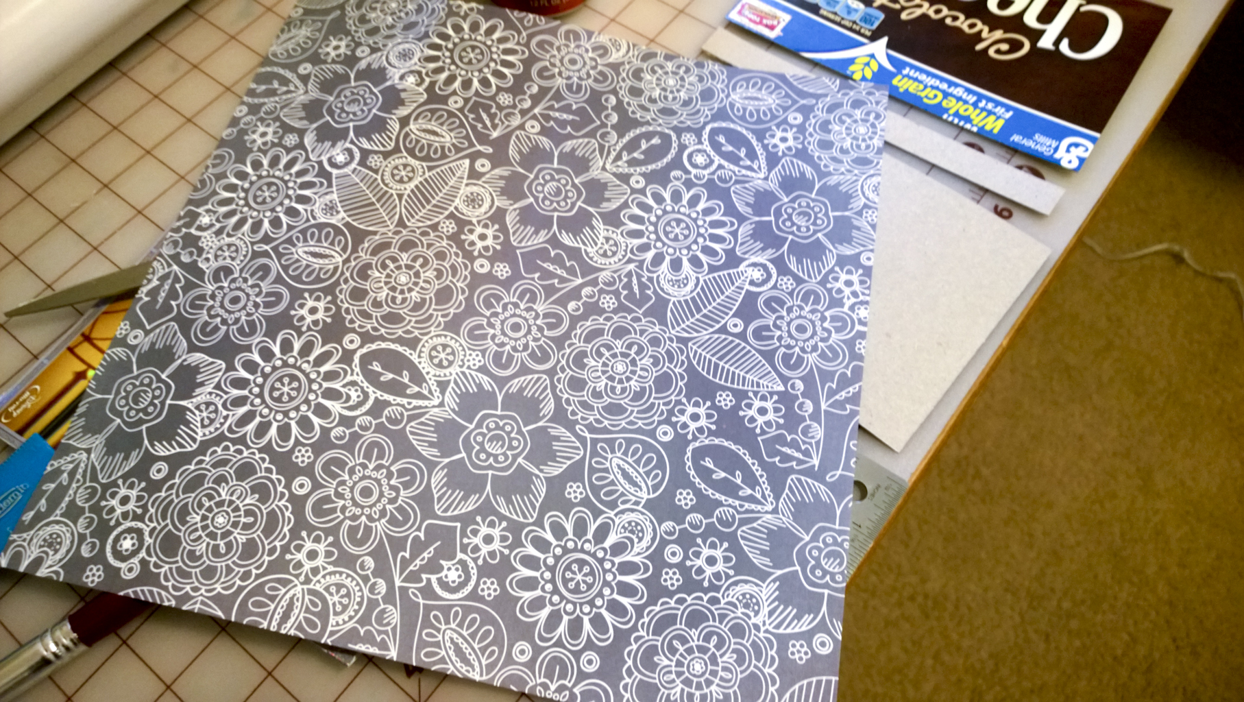 scrapbook paper and cereal box cut and ready to make the cover
