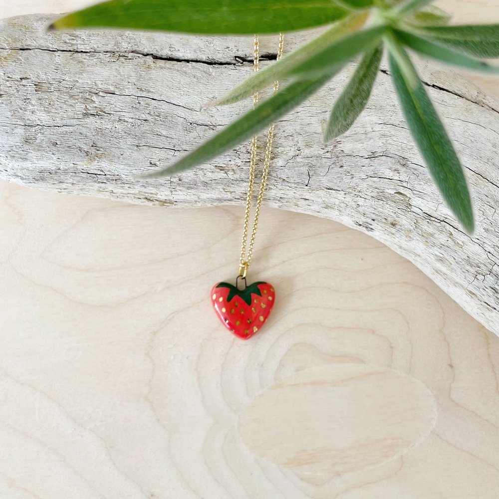 Hand Painted Strawberry Heart Pendant with 22ct Gold — Casey