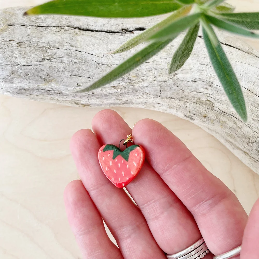 Hand Painted Strawberry Heart Pendant with 22ct Gold — Casey