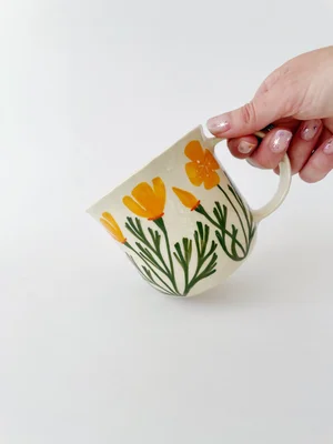 Handmade ceramic california poppy mug made in monterey by casey