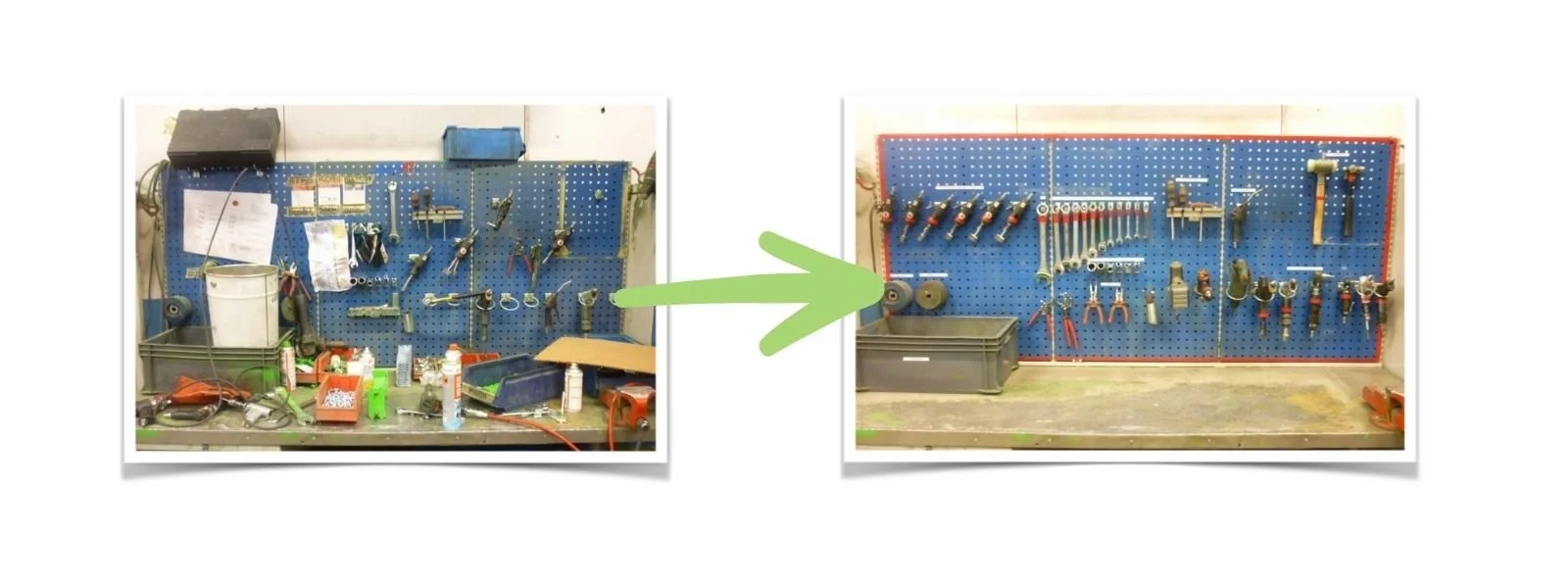 Työpiste ennen ja jälkeen Lean 5S -menetelmän: epäjärjestys poistettu ja työkalut järjestetty siististi.