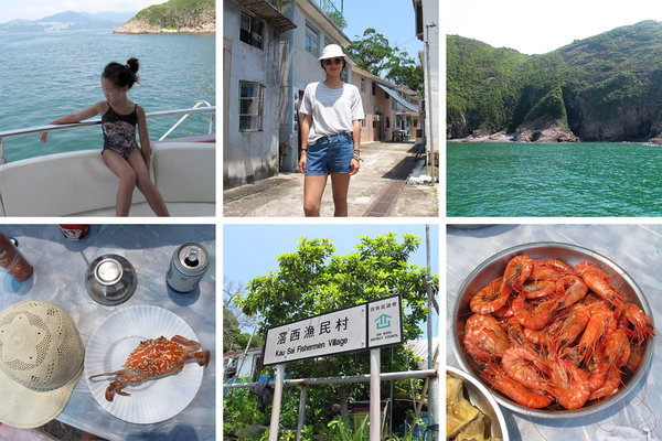 杰德·黎香港休假中难忘的一天。（左上起顺时针）赖的侄女梅格在家里的小船上；赖在滘西洲岛的渔村远足；石澳的小山；刚捕捞的虾；欢迎赖的一家到渔村的路标；粤菜风味的螃蟹。