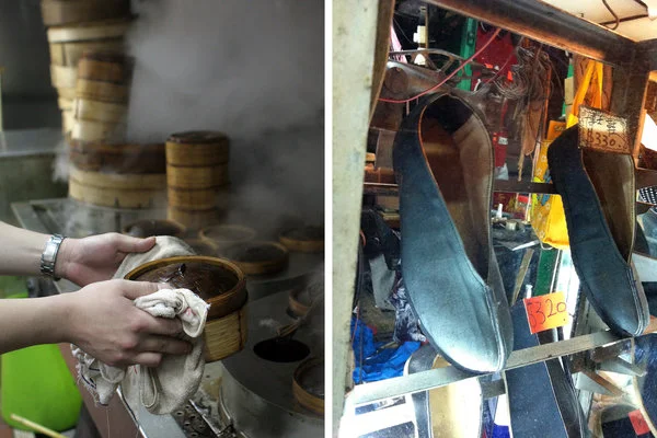 （左）陆羽茶室的厨房；（右）一双手工制作的传统鞋子启发了一个新设计。