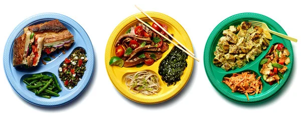 马克·比特曼(Mark Bittman)的法式野餐篮、亚洲野餐篮和中东野餐篮。