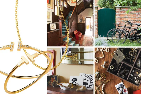 左上角顺时针依次为:“蒂凡尼T”系列18k金项链；安菲西亚特洛夫位于布鲁克林家中的玄关；后花园；她的私人珠宝；她孩子的画作；63款“蒂凡尼T”系列新品中的两款18K金手镯。