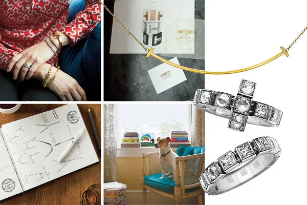 左上角顺时针依次为：安菲西亚特洛夫手戴不同款式的蒂芙尼饰品，和一条购自巴西海滩的细腕带；全新“蒂芙尼T”手镯的草图；18K金微笑吊坠；“蒂芙尼T”钻戒；设计师的宠物狗在她的卧室中；设计师的草图本。