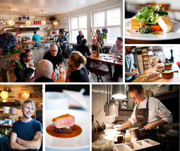 从左上角开始沿着顺时针方向依次是：位于柏林的纽约风格熟食店“莫格与梅尔策”；莫格与梅尔策熟食店的沙拉和五香熏牛肉三明治；法拉克福Weinsinn餐厅的大厨安德烈·里克特；柏林蒂姆·劳厄餐厅的北京烤鸭；莫格与梅尔策熟食店的保罗·莫格。