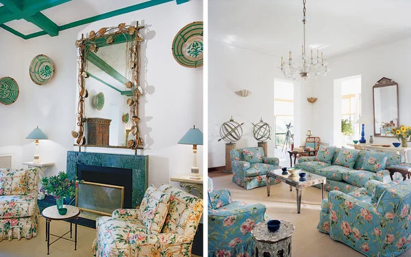 从左到右：黄色沙龙，蓝色沙龙。黄色沙龙铺设着剑麻地毯，装点着17世纪的安达卢西亚陶瓷碗，挂着克洛德·莱兰设计的一面镜子，配备了罗丝·卡明设计的黄色印花棉布扶手椅。蓝色沙龙配备着毛绒座椅，上面垫着绗缝印花棉布，这些座椅也是由卡明设计。
