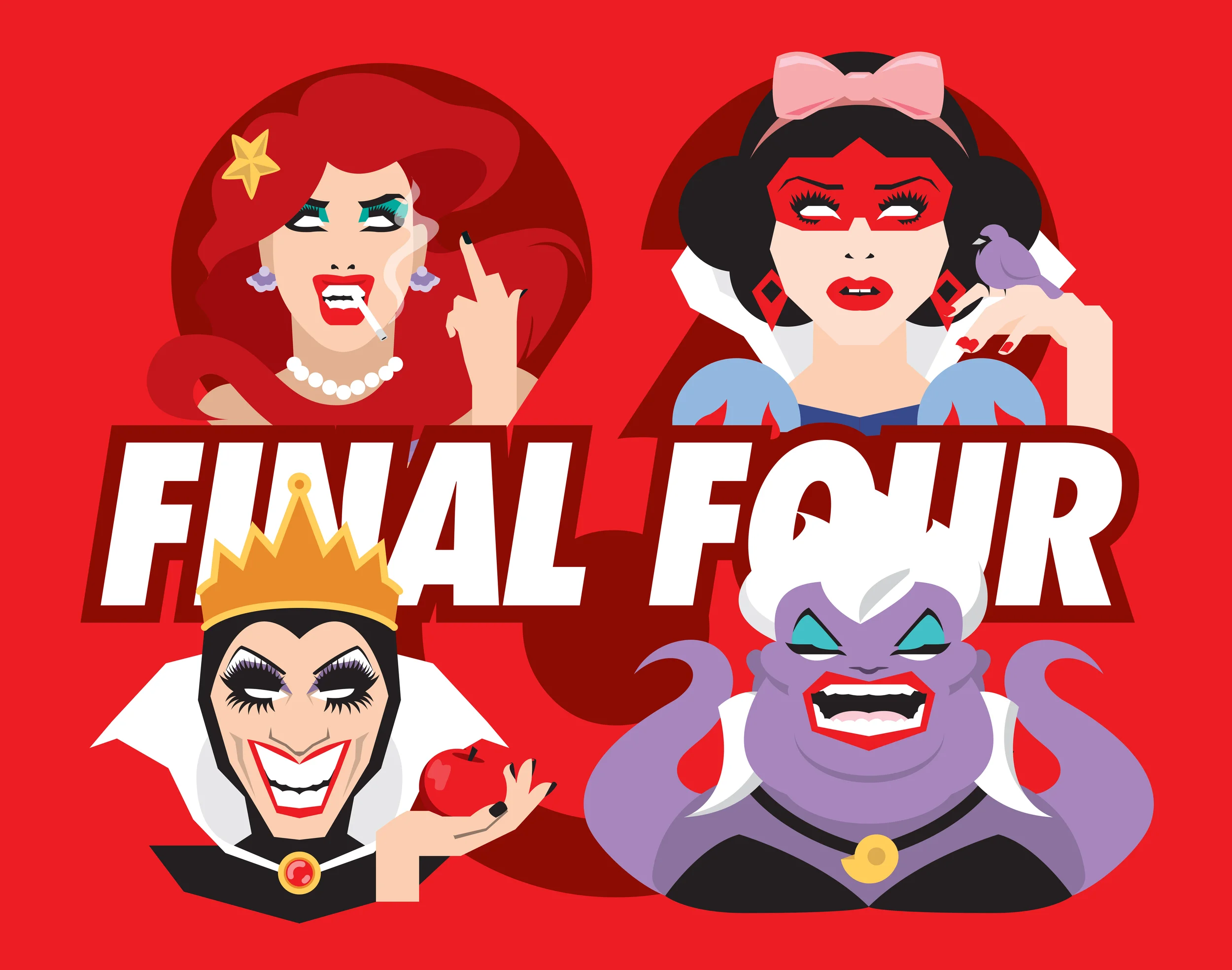 The Final Four of RuPaul's Drag Race Season Six channeling their Disney personas (from top left: Adore Delano as Ariel, Courtney Act as Snow White, Bianca Del Rio as the Evil Queen, and Darienne Lake as Ursula.