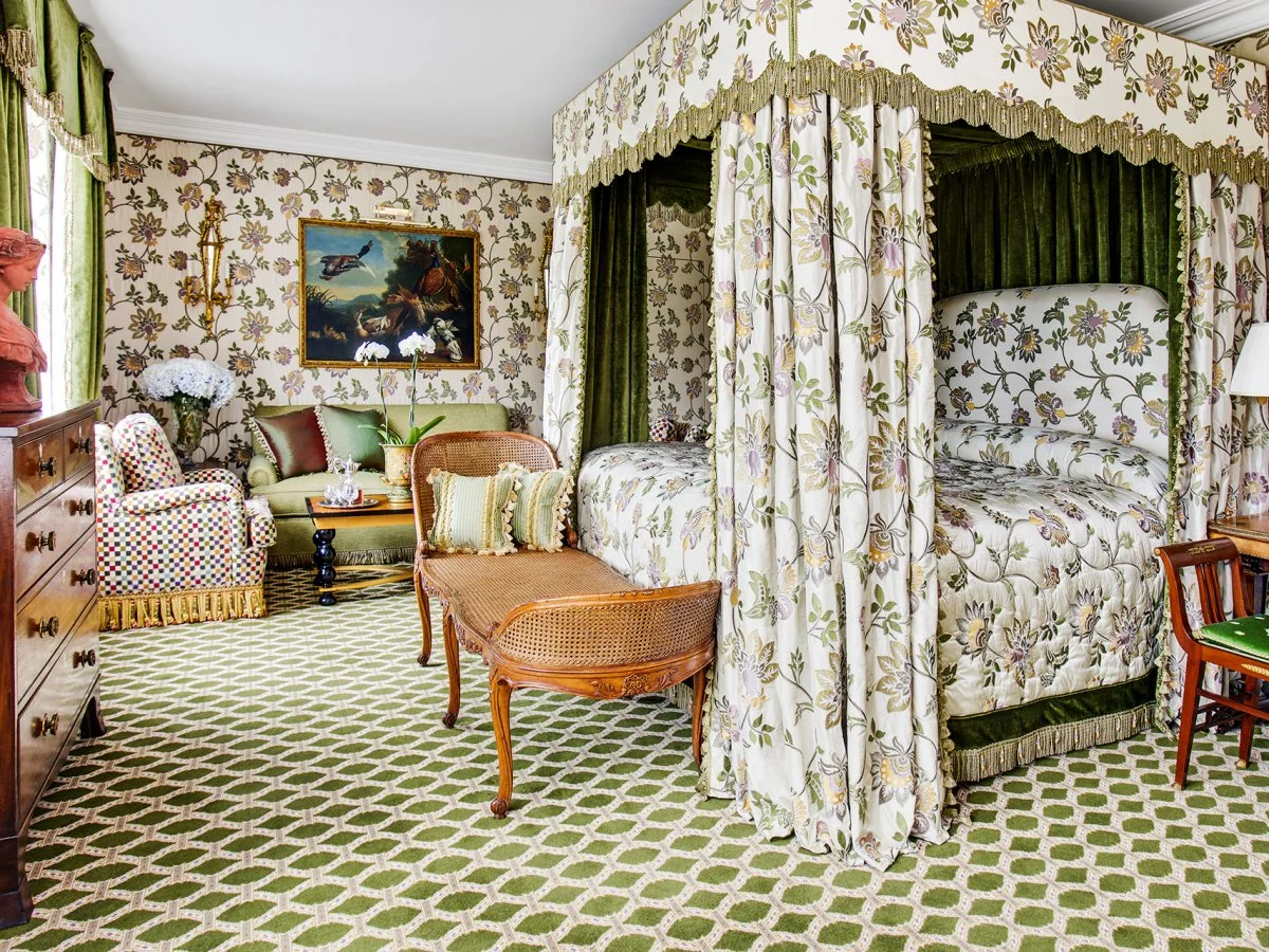 The colorful patterns in each suite vary to match guests' preferences, from rich reds to serene greens.