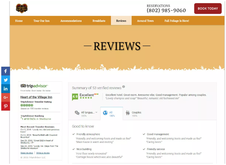 The Heart of the Village Inn’s review page features guest reviews from TripAdvisor and TrustYou.