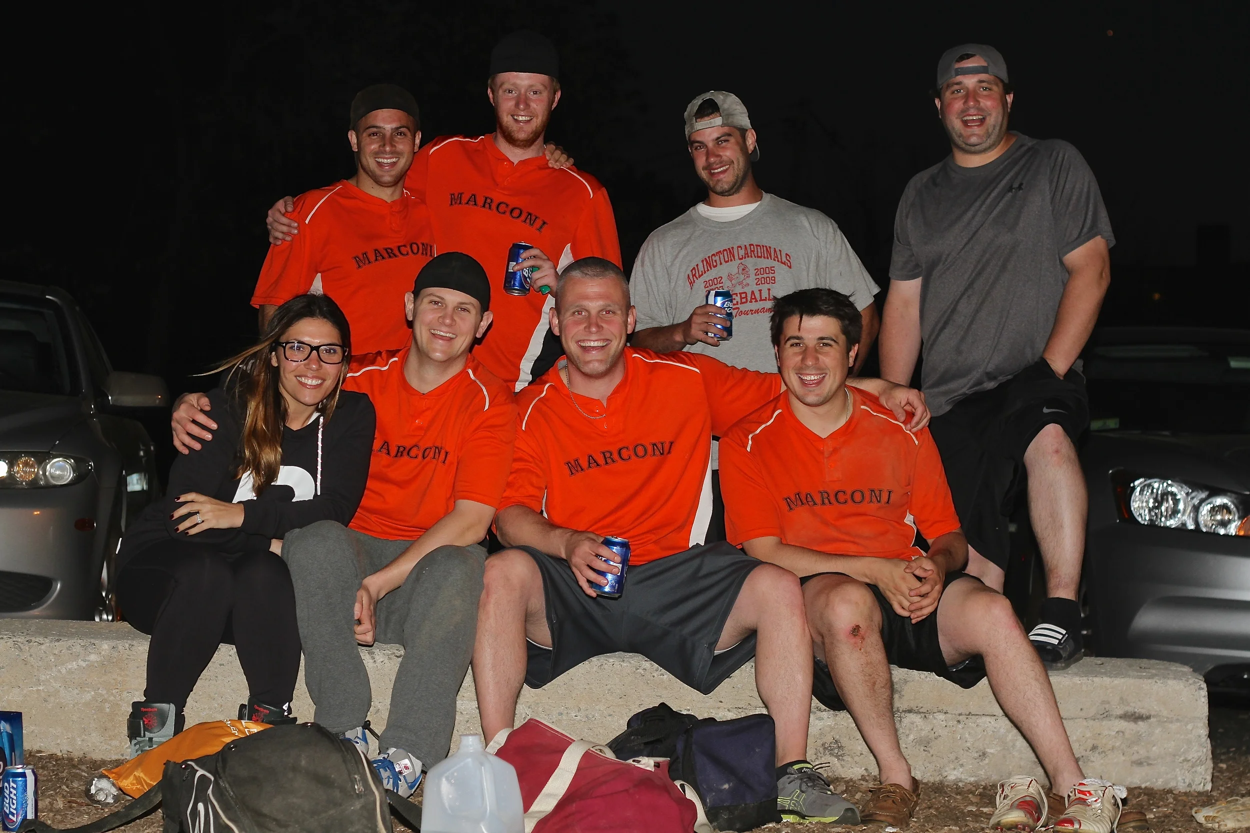 I stopped by the softball field tonight to check out the scene. I was able to score this group photograph of one of the teams. I asked the question "What makes you happiest?" and got many different answers. Here they were: "My husband.....dogs.....BUD LIGHT......my friends.....being the best at everything........my wife.....BUD LIGHT" 