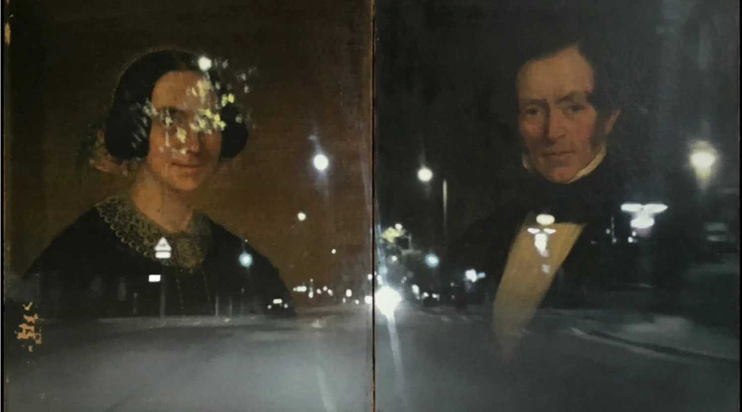 Reflection on Mr and Mrs Thomas Walker, Camden Town. © Paul Stephenson. Originally painted by William Allsworth, 1855 (Ink on Oil on Canvas, 2016)