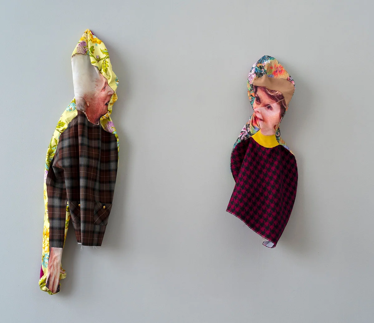 Left: Barbara Bush, 2018; polyester, wool, cotton, brass buttons; 46 x 12 x 5.5 in. Right: Nancy Reagan, 2018; polyester, wool; 34 x 12 x 5 in.