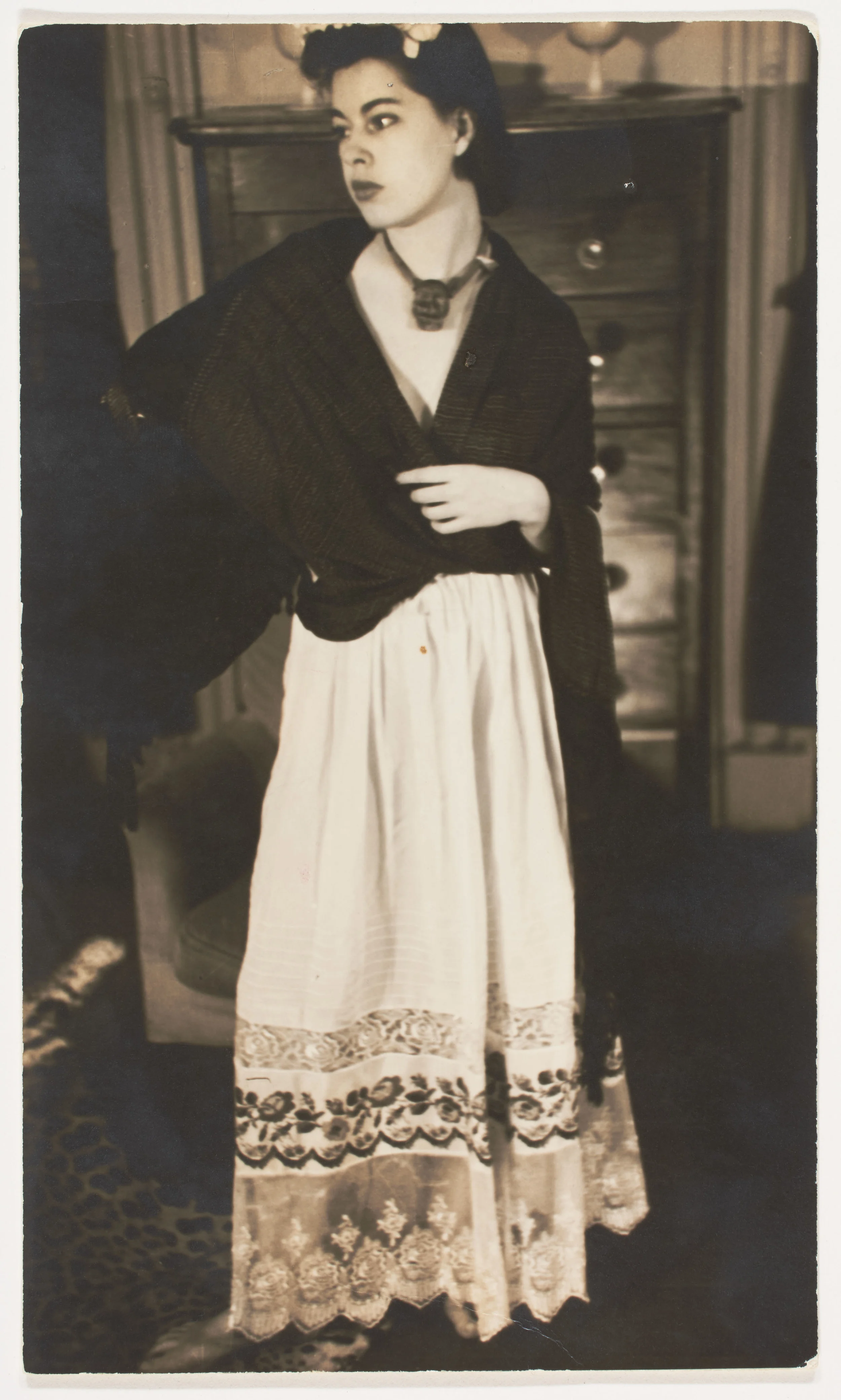Muriel Streeter in Frida Kahlo’s Clothes by Julien Levy, 1938 Gelatin silver print. Courtesy of Philadelphia Museum of Art, Gift of Sally Jane Kuhn, 2015, 2015-38-1