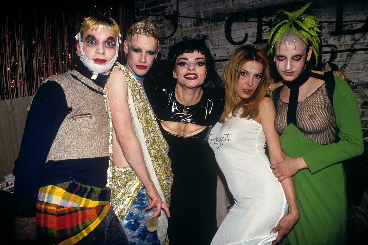Michael Alig, Richie Rich, Nina Hagen, Sophia Lamar, and Genetalia backstage after Hagen's New Year's Eve performance at the Tunnel, 1993. © Steve Eichner