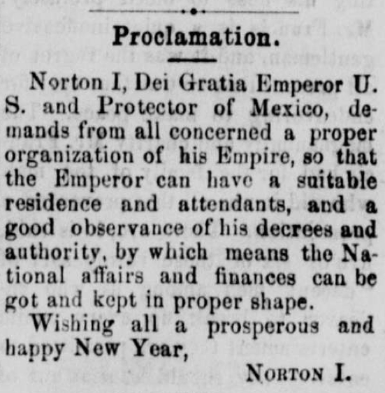 EMPEROR NORTON'S NEW YEAR'S PROCLAMATION. | The Pacific Appeal, 2 January 1875.
