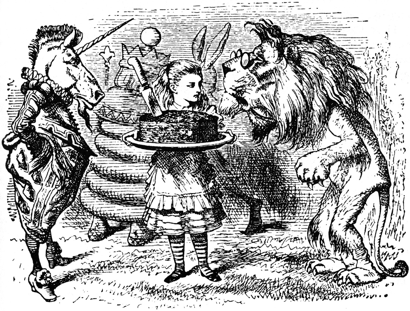 John Tenniel's (1820-1914) illustration for the story of the Lion and the Unicorn, from Lewis Carroll's (1832-1898) novel, Through the Looking-Glass, and What Alice Found There (1871).
