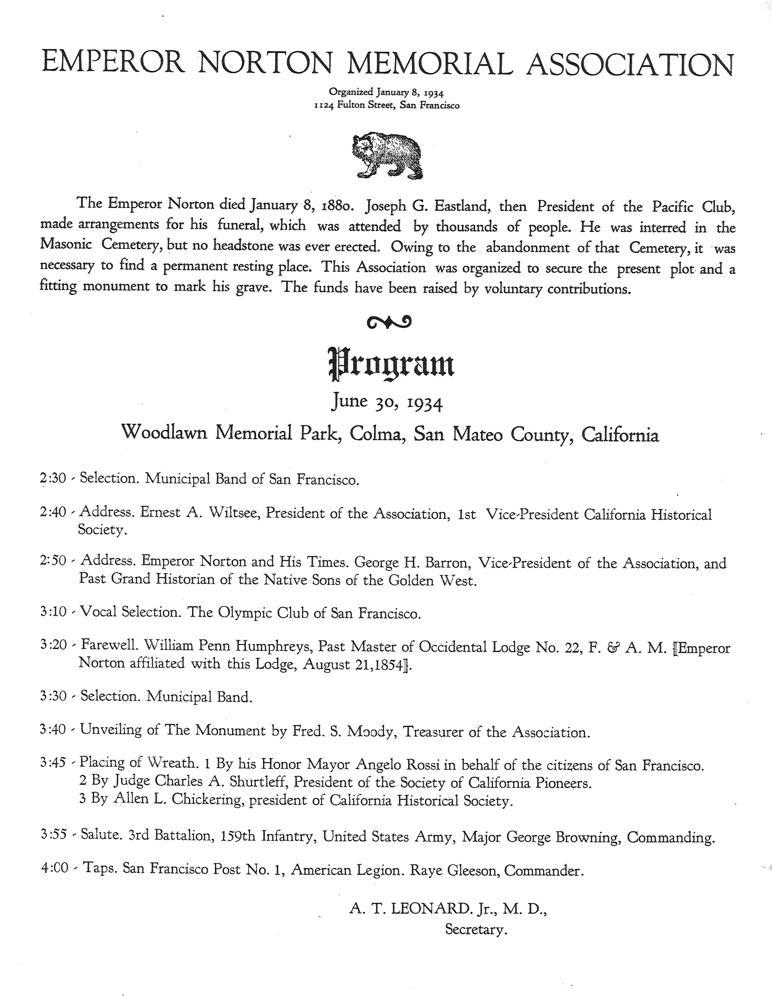 Program for 1934 service of Dedication for Emperor Norton's new resting place and gravestone at Woodlawn Memorial Park, Colma, Calif. VIA: Jewish Museum of the American West . 
