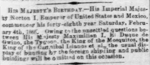 From "City Items" feature on the front page of the Daily Alta California , Saturday 4 February 1865. VIA: California Digital Newspaper Collection .