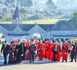On Sunday 15 February 2015, the Imperial Court's 40th anniversary procession to the graves of Emperor Norton and Jos é Sarria, the Widow Norton, gets underway. Photo: Rick Gerharter.