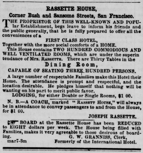 Advertisement for the Rassette House in The Wide West , v4 n12, 31 May 1857. Source: California Digital Newspaper Collection .
