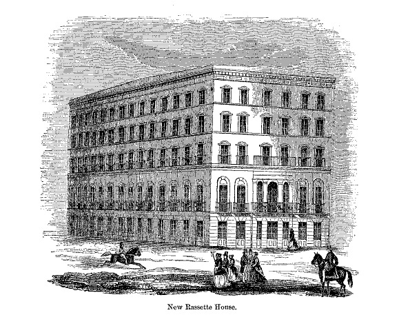 Engraving of the "second" Rassette House, in The Annals of San Francisco (1855). The original hotel was destroyed by fire in May 1853. Source: Making of America Digital Library .