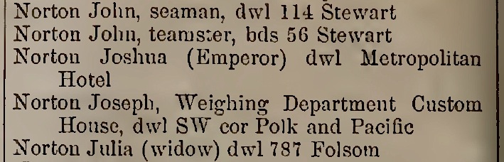 Listing for Emperor Norton in the Langley's San Francisco directory of 1862. This was the earliest edition of the directory to list Joshua Norton as "Emperor." Source: Internet Archive .