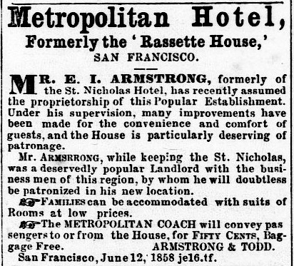Ad for the Metropolitan Hotel in the Mariposa Gazette of 1 January 1861. Source: California Digital Newspaper Collection .